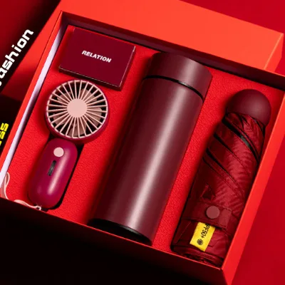 IStapromo Gifts 3 in 1 Gift Set Mini Hand Fan Vacuum Flask Foldable Umbrella Custom Logo Corporate Business Gift for Daily Use