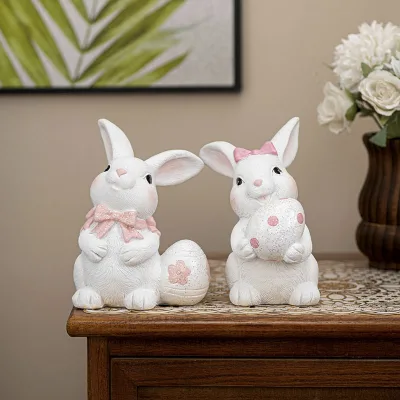 Premium New Easter Resin Crafts Embracing Easter Egg Hand-painted Artistic Love Decoration Craft Ornament White Little Rabbit