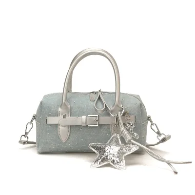 Trendy Minimalist Womens PU Crossbody Handbag Zipper Lightweight Denim Polyester Belt Decoration New Spring/summer
