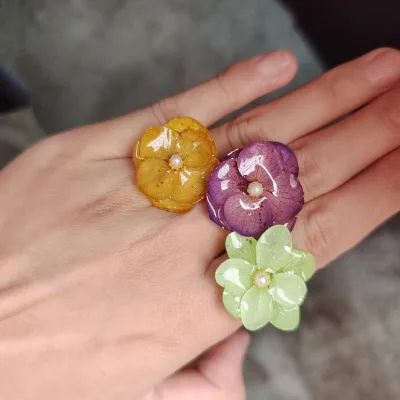 For Original Design Handmade Mori Girl Adjustable Ring Unique Hydrangea Real Flower Stainless Steel Jewelry