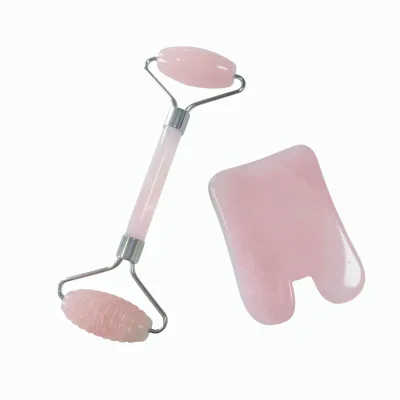 Pink Crystal 3-Piece Gua Sha Kit – Double-Ended Facial Roller with Textured Massage Wheel + Smooth Roller & Scraping Tool
