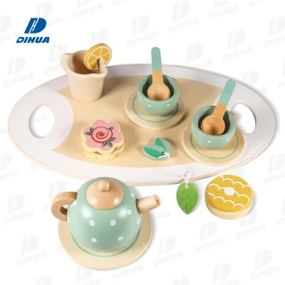 14 PCS Wooden Tea Set for Toddler, Pretend Play Tea Party Set with Simulation Dessert Tray Teapot Classical Educational Toy