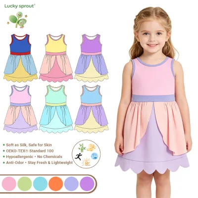 Girls' Wholesale Princess Inspired Sleeveless Dress Bulk Color Block Scallop Hem Sundress Girls Yoga Dress