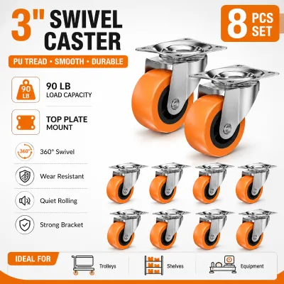 3 Inch PU Swivel Caster Wheel 90lb Load Capacity Top Plate Set for Trolley Shelves Equipment