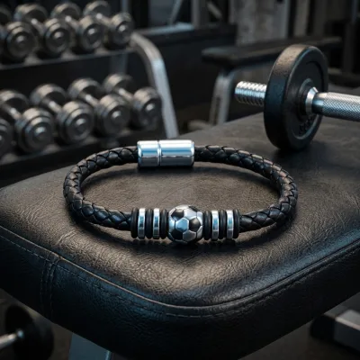 Men Boy Fashion Black Leather Bracelet Magnet Buckle Football Charm Wristband Jewelry Accessories Gift for Male