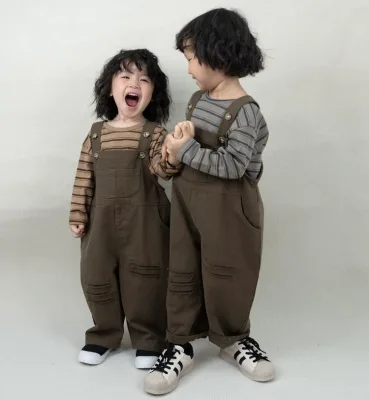 Children's Clothes 2024 Fall New 100% Cotton Children's Solid Color Comfortable Cute Button Cotton Pants Casual Suspenders