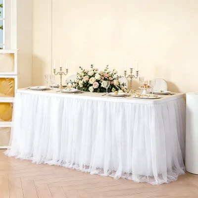 Solid Color Double-Layer Tulle Table Skirt with Ruffled Design for Wedding Party Banquet Table Decoration