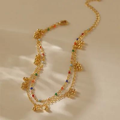 Bohemia Double Layered Anklet Copper 18K Gold Plated Lucky Bead Charm Ankle Chain for Women Resort Jewelry Gift