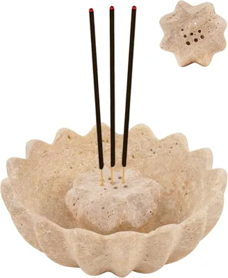 Natural Travertine Incense Burner with Base Nine Holes Lotus Shape Incense Burner
