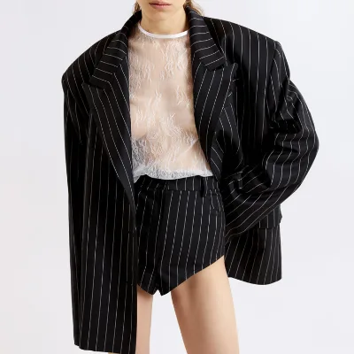 Women's Commuter-Style Striped Suit Set: Notched-Collar Long-Sleeve Loose-Fit Top and Shorts, Two-Piece Set