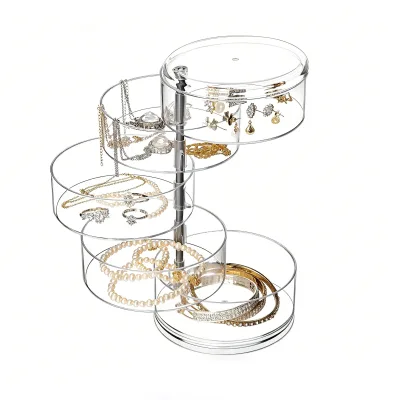 JSM OEM 5-Tier 360° Rotating Clear Acrylic Jewelry Organizer Desktop Spinning Storage Tray for Vanity Jewelry Display Gift