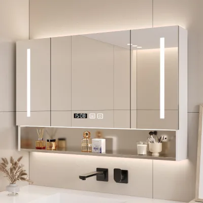 304 Stainless Steel Simple Modern Bathroom Mirror Cabinet with LED Lamp Wall-Mounted Makeup Storage