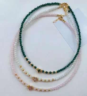 Stainless Steel Beaded Choker Necklace Green White Pink Multi Color Adjustable Chain Minimalist Fashion Jewelry for Women