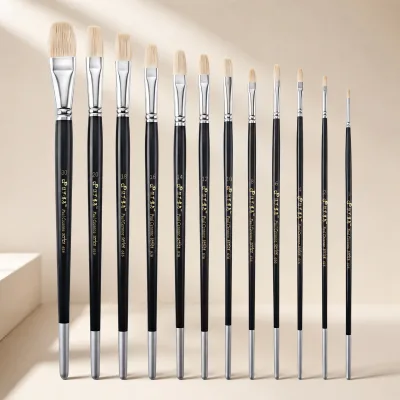 Paul Cézanne Acrylic Paint Brush Set Hog Bristle Filbert Brushes Black Wooden Handle Copper Ferrule for Oil Acrylic Painting