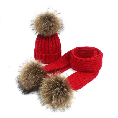 Autumn and Winter Children's Long Scarf Set Raccoon Fur Ball Wool Hat with Curled Striped Knitted Warm Hat and Scarf Set