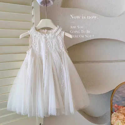 Wholesale Girls' Dress Summer New Style Baby Girl Elegant Princess Dress Flower Embroidery Splicing Mesh Skirt