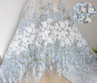 DELACE Elegant 3D Flower Lace White Organza Flower Lace Blue Little Flower 3D Lace Fabric for Women Party Dress