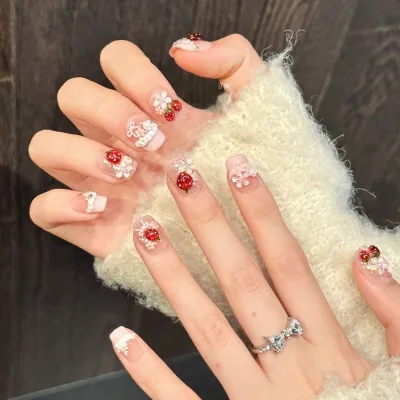 Zancui Original Sweet Translucent pink Strawberry Nail Tips Pearls Exuding Sweet Girly Vibe Handcrafted