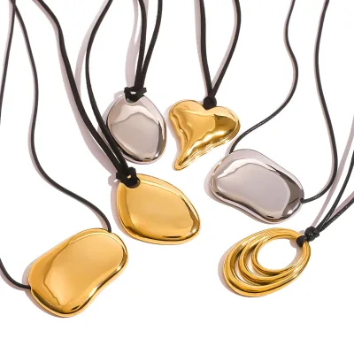 18K Gold Stainless Steel Pendant Wax Rope Necklace Geometric Shape for Women's Jewelry