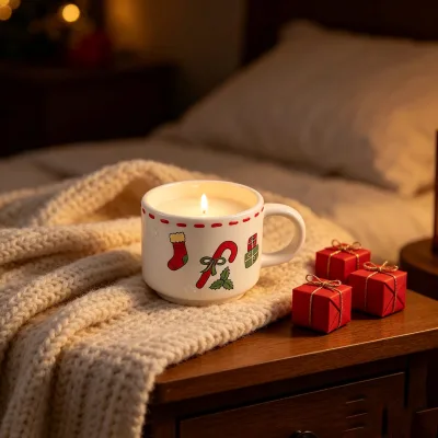 White Ceramic Mug Candle with Christmas Stocking Candy Cane Gift Box Prints Holiday Scented Candle for Tabletop