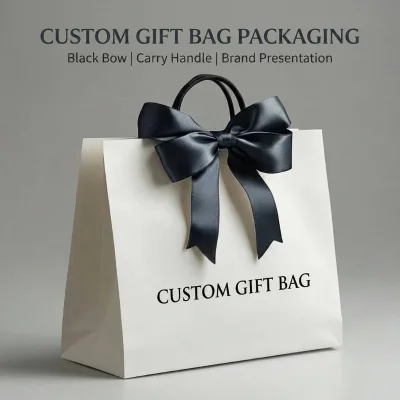 Custom White Gift Bags with Black Bow and Handle Personalized Logo Gift Packaging Bag for Retail Brand Presentation Shopping Bag