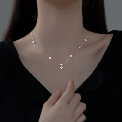 Elegant Simple Short Crystal Choker Girls Vintage Clover Pendant Fashionable Sterling Silver 925 Cross Chain Platinum Necklace