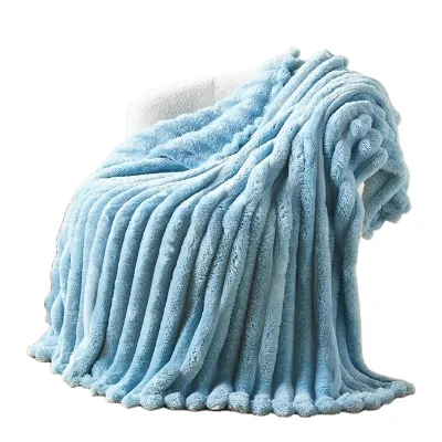 BORA Super Soft Twin Blanket Blue Premium Silky Flannel Fleece 3D Ribbed Jacquard Lightweight Bed Blanket All Season Use
