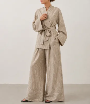 YSU035 Newest Style Two-Piece Set Soft New Casual Tie Long Pants Set Loose Fit Breathable Material for Muslim Lady
