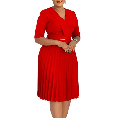 Newest Party Laldy Evening Dress V Neck Solid Plus Size Pleated Formal African Dress Womens Elegant Dresses