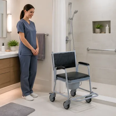 Manual Toilet Wheelchair Hospital Grade Patient Care Equipment Compact Carton 52x24x66cm 90kg Load Bearing