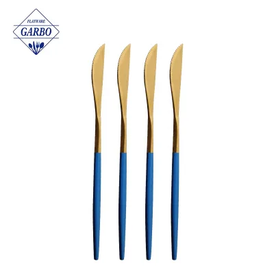 Wholesale Commercial Mirror Polish 410/13-0 Stainless Steel Dinner Knife Gold Plated Blue Handle Table Flatware Bulk Order