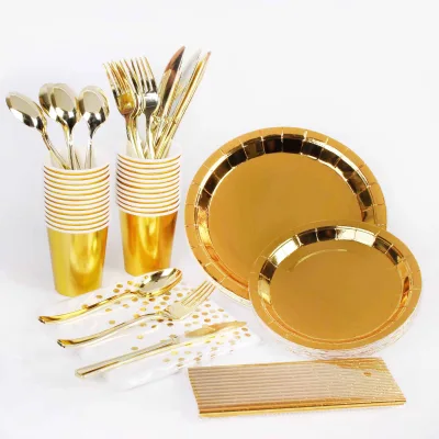 Disposable Gold Paper Plates Set with Cups Napkins and Plastic Cutlery for Wedding Party Supplies