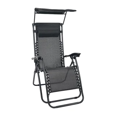 Folding Modern 2-Seater Relaxation Armchair with Table Black Steel Textilene Contemporary Design