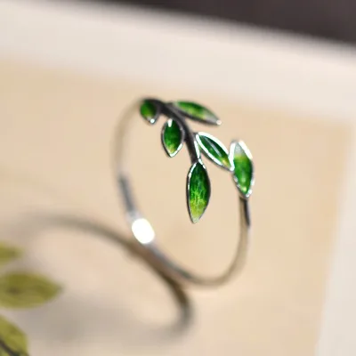 Copper Cloisonne Green Leaf Women's Antique Nostalgia Retro Literary Art Open Finger Ring
