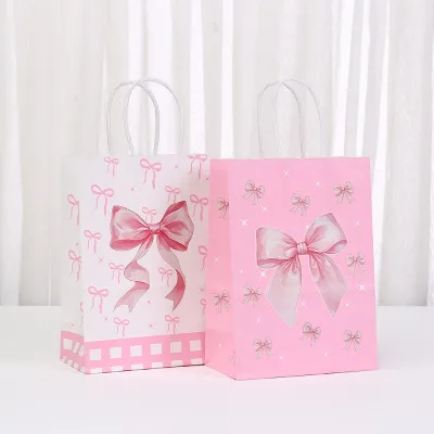 Sweet Pink Bow Fresh Minimalist Printed Kraft Paper Tote Gift Bag for Holiday Party Candle Photo Frame Snack Candy