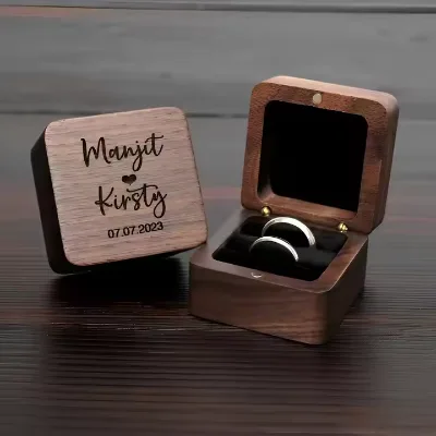 Walnut Wood Ring Box Engraved Square Wooden Walnut Ring Case Box Ring Holder Box for Wedding Ceremony Engagement Proposal