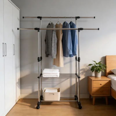 Extendable Double Rod Rolling Metal Garment Rack with Height Adjustable Design Kitchen Use Clothing Organizer and Wheels