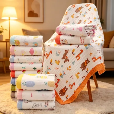 Wholesale Baby Muslin Swaddle Blanket Popular Printed Cotton Baby Bath Towel Bathrobe