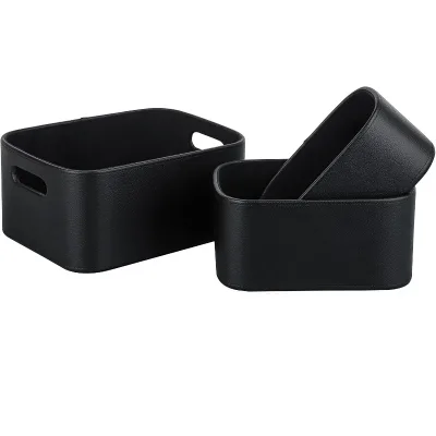 Faux Leather Black Set 3 Velvet Lining Nesting Shelf Gifts Decorative Storage Baskets Bins Boxes Organization