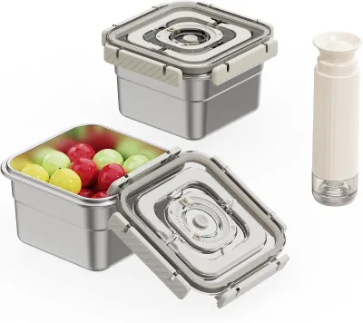 Stainless Steel Square Eco-Friendly Vacuum Food Storage Container Handle Large Capacity Leak-Proof Lunch Box Hand Pump Freezer