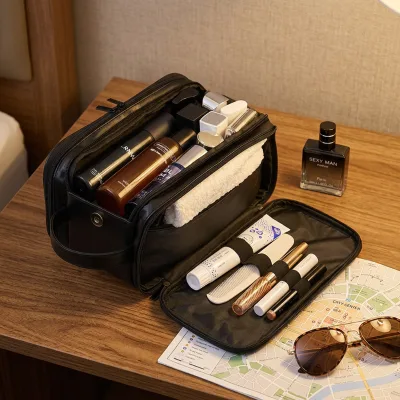 PU Leather Zipper Handled Portable Bag for Men Large Capacity Water Resistant Travel Essentials Shaving Dopp Kit Cosmetic