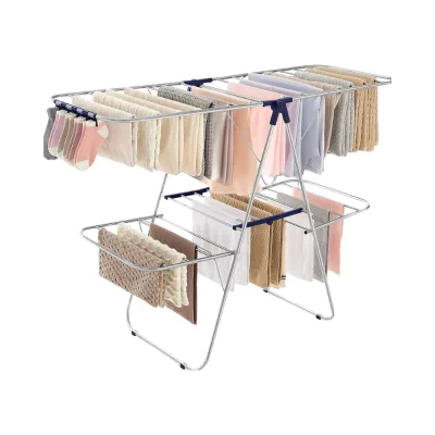 Clothes Drying Rack, Foldable 2-Level Laundry Drying Rack, Free-Standing Laundry Airer, with Height-Adjustable Wings