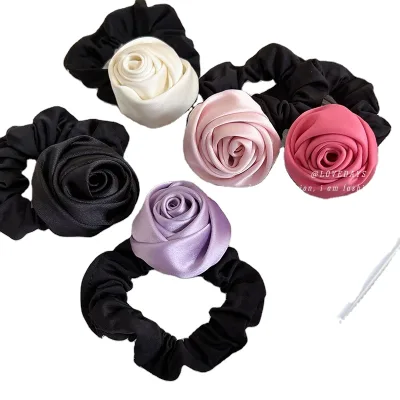 Korea Handmade Satin Rose Flower Hair Band Headdress High Elasticity Tie Hair Jewelry Headband