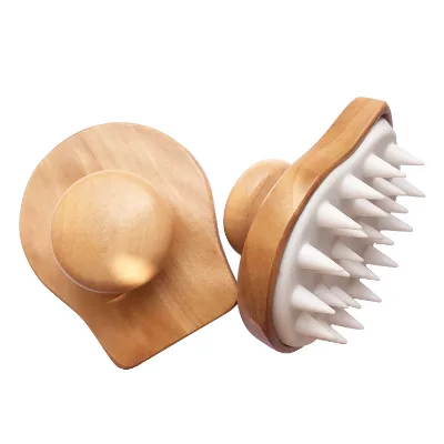Wooden Wet and Dry Hair Shampoo Brush Scalp Massage Brush with Soft Silicone Brush Head Massager