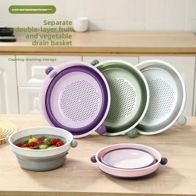 Multifunctional Kitchen Double-Layer Folding Plastic Drain Basket Fruit Vegetable Washing Basin Household Rice-Washing Draining