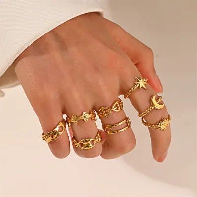 Fashion Personality Hip-Hop Popular Open Adjustable Real Gold Electroplated Ring Jewelry Stainless Steel Star Moon Ring