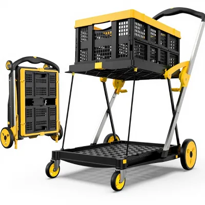Collapsible Shopping Cart Wheels 40kg+50kg Capacity Storage Crate Platform Hand Truck Foot Brake Foldable Aluminum Frame