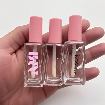 Wavy glass lip Gloss bottle Pink cap Custom logo 10ml clear lip gloss tube