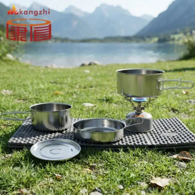 Wholesale 304 Stainless Steel Camping Cookware Set Kangzhi Portable Outdoor Pot Pan Kit Foldable Handle Hiking Picnic BBQ
