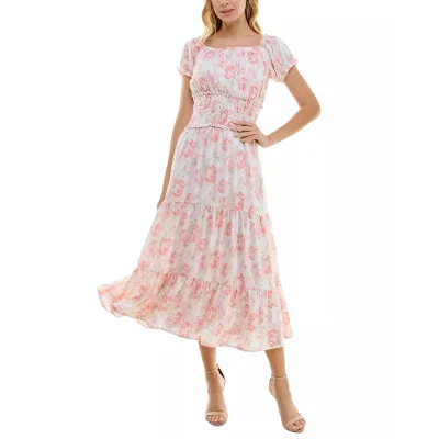 Summer New Floral Short-Sleeve Printed Dress Chiffon V-Neck Casual Dress Smocked Floral A-Line Dress
